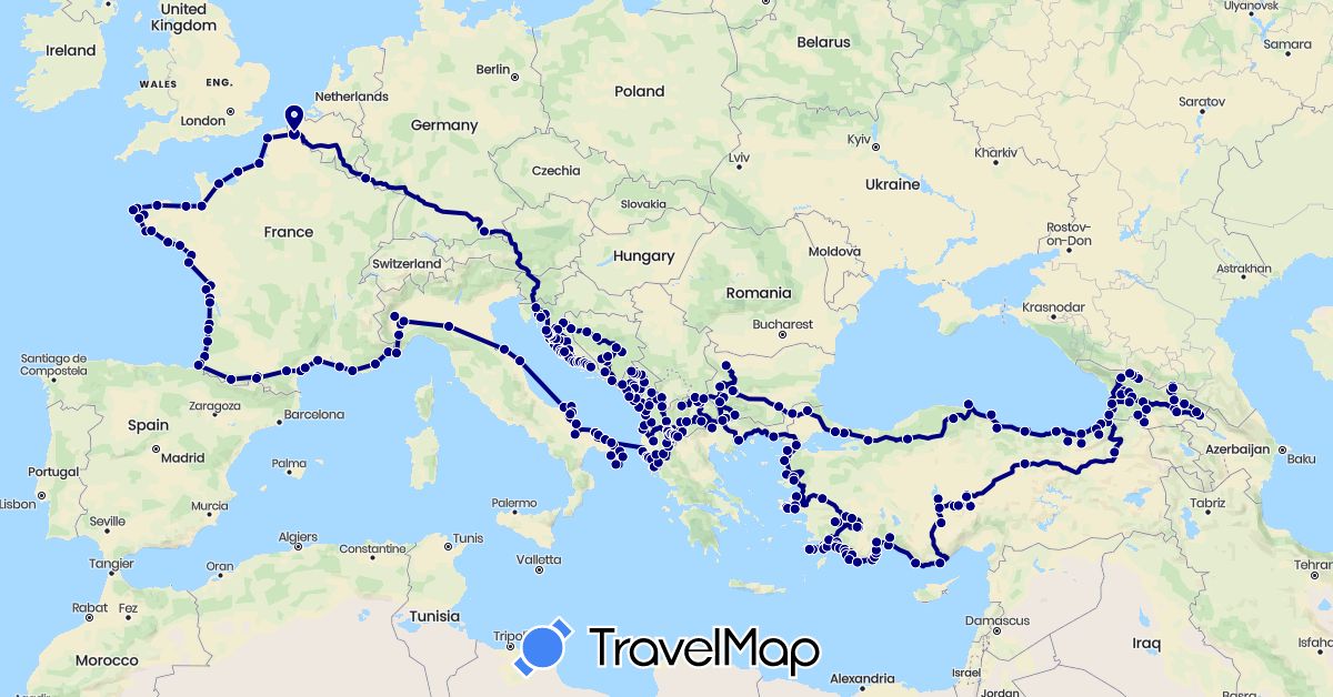 TravelMap itinerary: driving in Albania, Bosnia and Herzegovina, Belgium, Bulgaria, Germany, France, Georgia, Greece, Croatia, Italy, Luxembourg, Montenegro, Macedonia, Turkey (Asia, Europe)